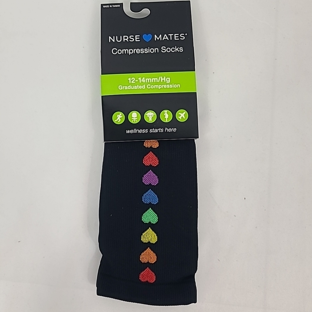 NWT Nurse Mates Compression Socks 'Rainbow Hearts' Black sz 9-11